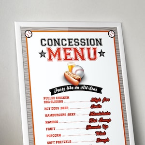 Concession menu sign, Baseball birthday, All Star Birthday, Baby shower, party decor, sports birthday, Bar Mitzvah, digital poster