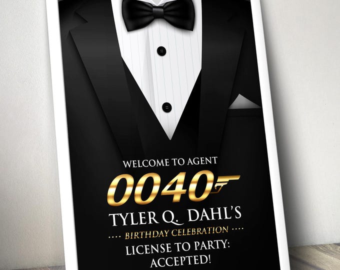 Tuxedo birthday party welcome sign, secret agent, detective party, suit birthday invite, black tie, Aged to perfection invite, 007
