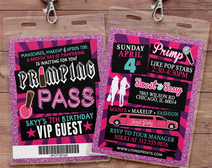 Spa party, primping, Pop star, Rock Star VIP pass, birthday party invitation- primp, rockstar party, pop star, karaoke party, Digital files