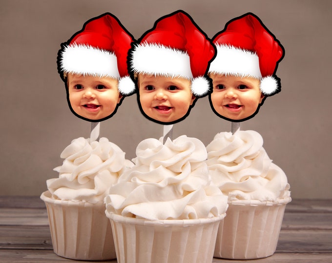 Photo Cupcake Toppers, Christmas birthday, Santa cupcake topper, Santa, Christmas party, Holiday party, Ugly Sweater party, cookie exchange