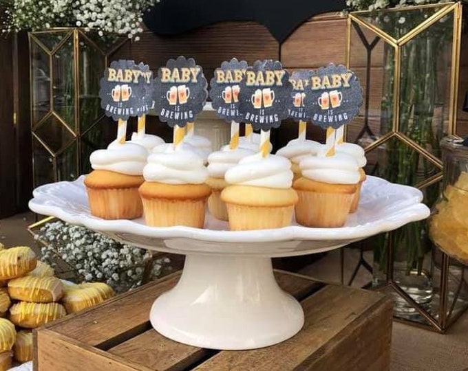 Baby is brewing, cupcake toppers, Coed baby shower, Beer baby shower, couples baby shower BBQ, retro, beer tasting, printable files