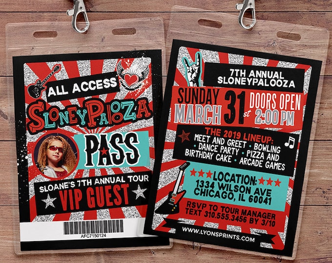 Rock Star, VIP PASS, backstage pass, Vip invitation, birthday, pop star, rock star birthday, roller-skate party VIP, pop star birthday party