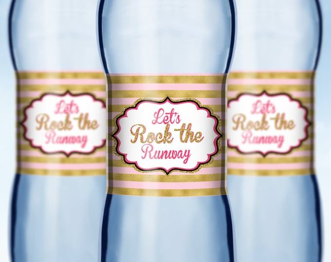 Rock the Runway water labels, fashion party decor- pop-star- rockstar party, fashion birthday, glitter, runway,