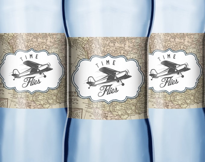 Time flies water labels, birthday decor, water labels, vintage airplane, airplane label, airplane party