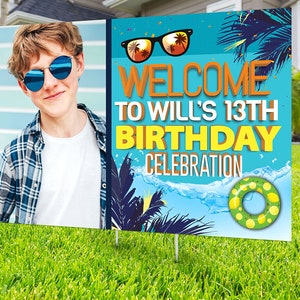 Pool party lawn sign, Digital file only, yard sign, social distancing drive-by birthday party, car birthday parade quarantine party, summer BLUE-PHOTO