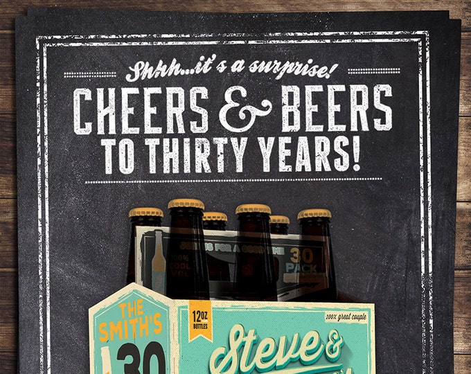 Anniversary Party Invite,  cheers and beers, save the date, wedding invitation, engagement, shower invite, wedding shower, bridal shower