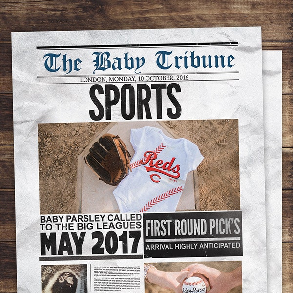 Newspaper pregnancy announcement, birth announcement, baby boy, sports, football, baby shower, baseball, invitation