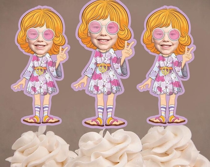 Hippie photo cupcake topper, birthday cupcake topper, party decor, hippie decor, guitar, music party decor, Psychedelic, groovy