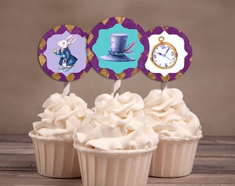 Tea Party, Wonderland, cupcake toppers, birthday decor,  Printable for Birthday, wedding, baby shower