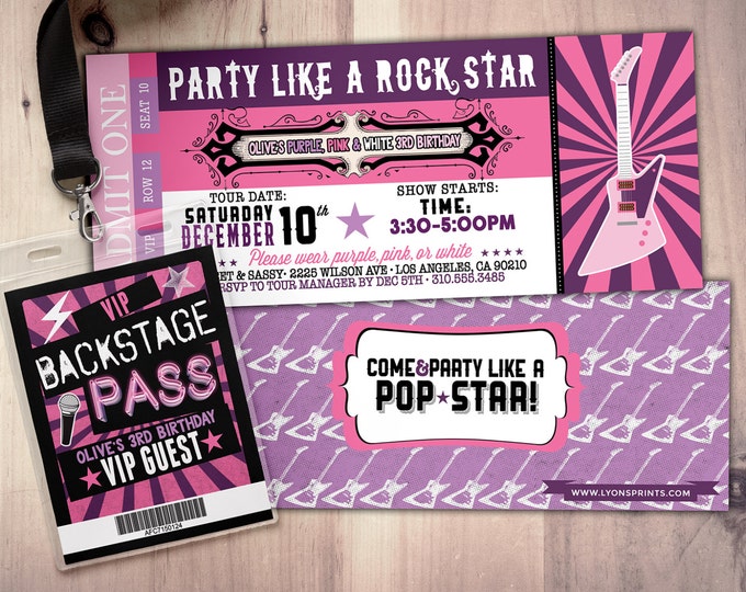 ROCK STAR concert ticket birthday party invitation- Music invitation- printable, rockstar party, pop star, karaoke party, hip hop, invite