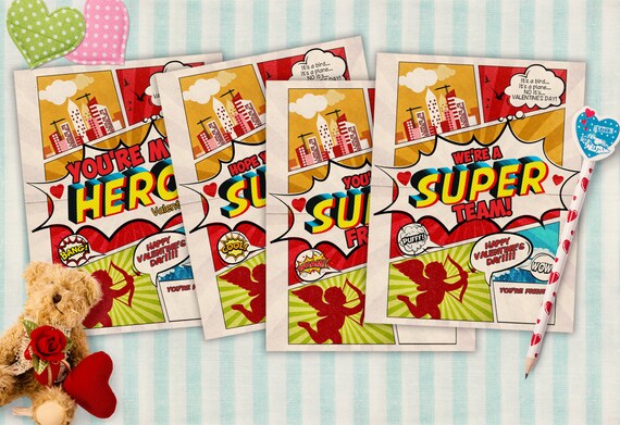 Set of 4 Designs, Comic, super hero, Valentine cards printable - Valentine's Day, children's Valentine's, cards, comic book, retro Valentine Il_570xn