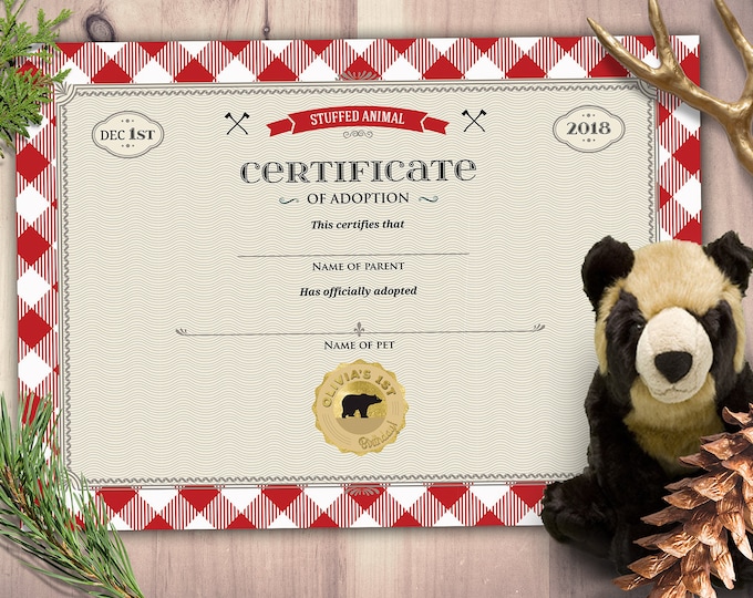 Lumberjack, woodland, party favor, stuffed animal adoption certificate, Buffalo Plaid, Woodland, Lumberjack, Rustic,Bear, Printable file