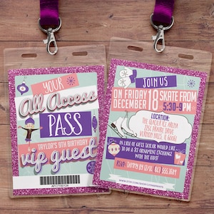 Ice Skating, invitation, birthday, VIP PASS, backstage pass, Vip invitation, birthday invitation,lanyard, Rock Star birthday, winter,chevron