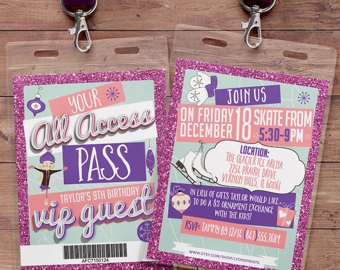 Ice Skating, invitation, birthday, VIP PASS, backstage pass, Vip invitation, birthday invitation,lanyard, Rock Star birthday, winter,chevron