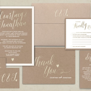 Wedding Invitation Printable, Kraft,Wedding Invitation Suite, RSVP, monogram, info card, hand lettered typography theme. Gold