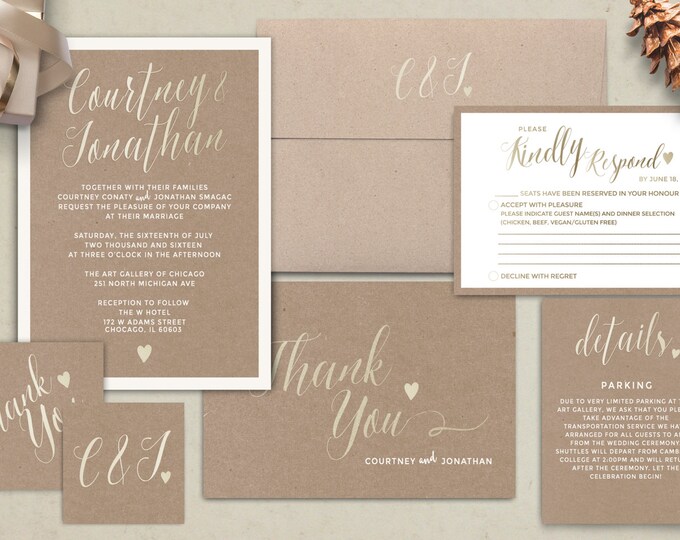 Wedding Invitation Printable, Kraft,Wedding Invitation Suite, RSVP, monogram, info card, hand lettered typography theme. Gold