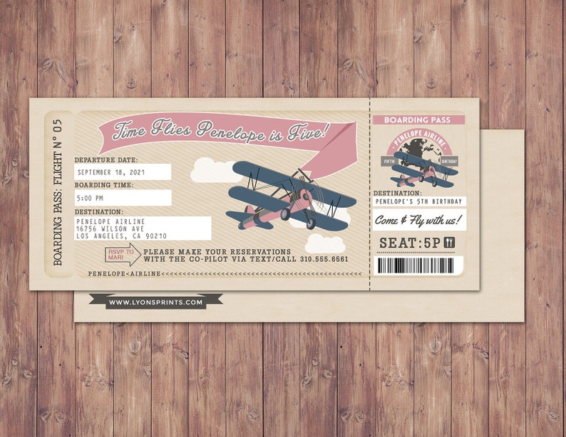 Time Flies, Vintage Airplane Boarding Pass Birthday Invitation Vintage, Airplane, first birthday, ticket invitation, Digital files only image 9