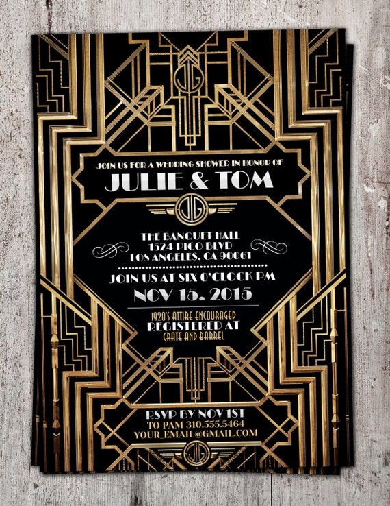 Great Gatsby wedding shower invitation, Hollywood film theme, birthday party invite Black and gold glam printable digital invite, bridal Il_570xn