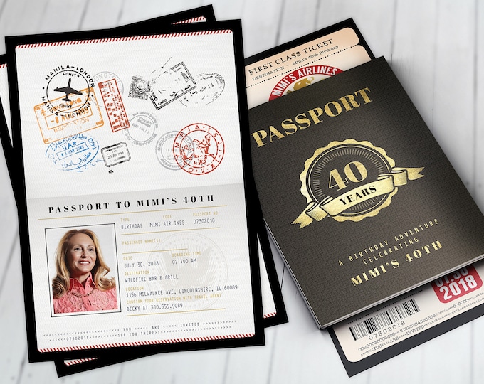 PASSPORT and TICKET birthday invitation, travel birthday party invitation, retirement party, going away party, travel, Digital files only