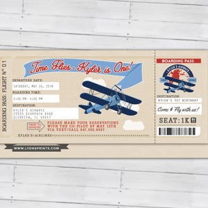 Time Flies, Vintage Airplane Boarding Pass Birthday Invitation Vintage, Airplane, first birthday, ticket invitation, Digital files only image 7