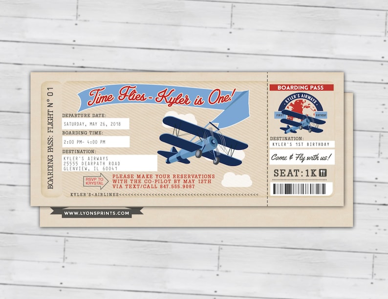 Time Flies, Vintage Airplane Boarding Pass Birthday Invitation Vintage, Airplane, first birthday, ticket invitation, Digital files only image 7