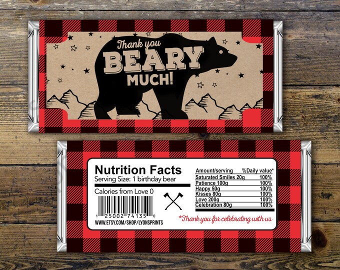 Birthday Candy Bar Wrapper – lumberjack, bear  – Party Favors- shower favor, candy, lumberjack baby shower, woodland, birthday favor