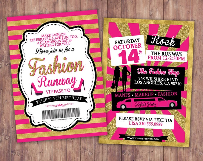 Rock the Runway, ticket birthday party invitation- popstar invitation-  rockstar party, fashion birthday, zebra print, high fashion, runway