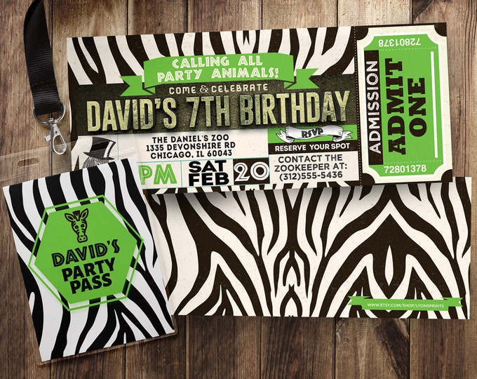 Ticket invitation, ZOO, birthday invitation, baby shower, Party favor, twins birthday, animal print, animals, safari birthday, Animal print