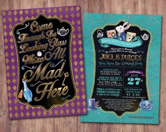 May include: Alice in Wonderland themed birthday party invitation with a teal background and a white rabbit holding a pocket watch. The invitation includes the text "Don't be late for a very important date!" and "Joel & Duice's Very Merry Un-Birthday Party".