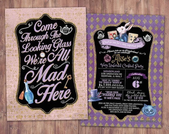 Wedding, bridal shower, Tea Party, Wonderland Invitation, Birthday Invitation, through the looking glass, wonderland