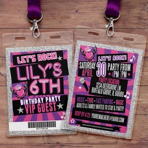 Retro, neon, VIP PASS, backstage pass, Vip invitation, birthday invitation, pop star, bridal shower invite,  lanyard, Rock Star birthday,