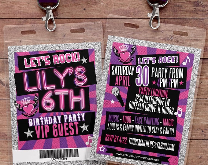 Retro, neon, VIP PASS, backstage pass, Vip invitation, birthday invitation, pop star, bridal shower invite,  lanyard, Rock Star birthday,