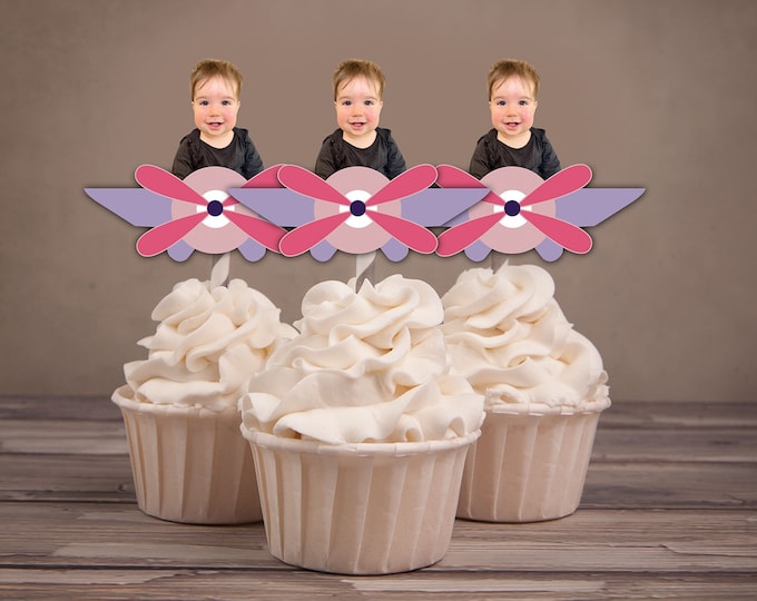 Photo Cupcake Toppers Digital File, Pilot, airplane birthday, vintage airplane,Birthday Party, first birthday , 1st, Airplane, party decor