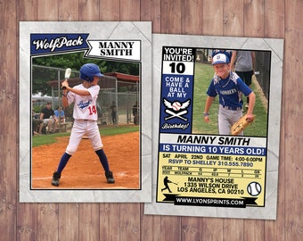 May include: A baseball-themed birthday invitation for a boy turning 10. The invitation features a photo of the boy in a baseball uniform, a baseball card design, and the text "Manny Smith is turning 10 years old!" with details about the party.