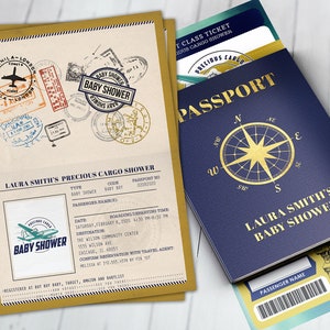 PASSPORT and TICKET baby shower invitation, vintage airplane, travel theme, Precious Cargo, time flies, airplane invite, Digital files only