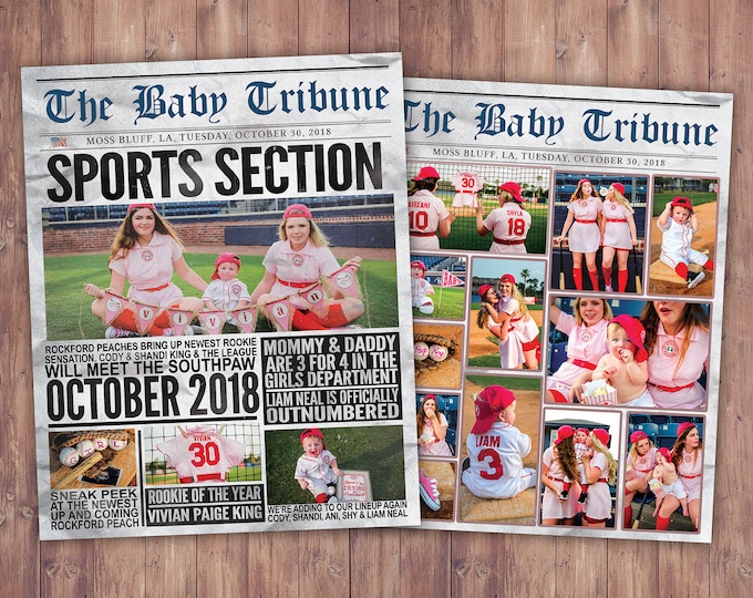 Newspaper pregnancy announcement, birth announcement, sports, football, baby shower, baseball baby announcement