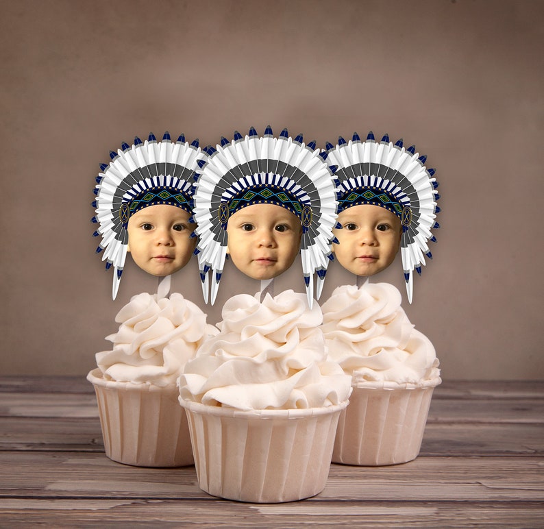 Photo Cupcake Toppers, Digital File, Indian, chief, western,, first birthday, Thanksgiving, pow wow, party, birthday, western image 6