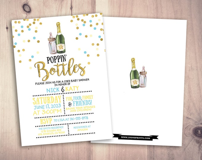 Champagne Poppin' Bottles, gender reveal Invitation, Poppin Bottles Co-ed Baby Shower Invitation, chalkboard  Poppin Bottles Baby Shower