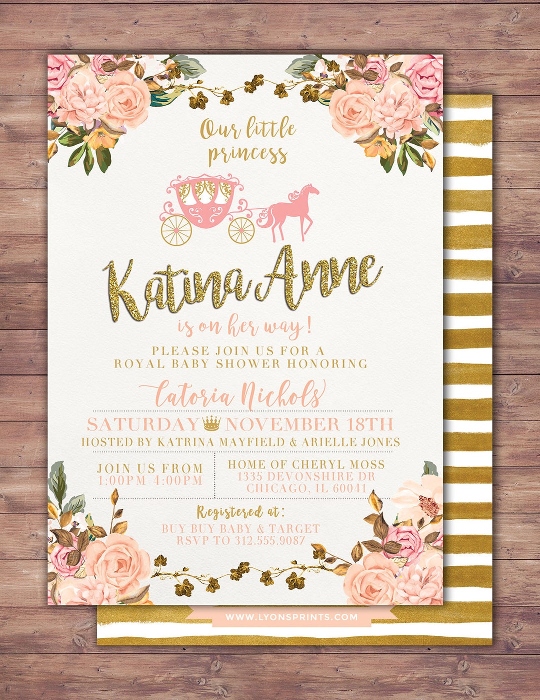 Princess Baby Shower Invitation Princess Carriage Baby Shower Invitation Pink Gold Glitter