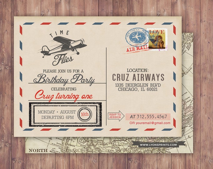 Time flies, Vintage Airplane, post card Birthday Invitation- Vintage / Rustic / Airplane / Birthday Party, ticket invitation,