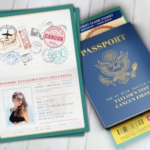 Passport and ticket birthday invitation, travel birthday invitation, cruise invitation, Mexico, Cancun, Spring Break Digital files only