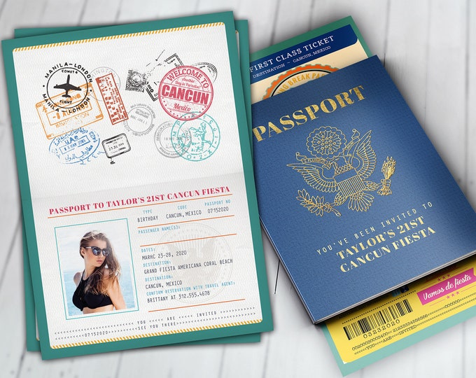 Passport and ticket birthday invitation, travel birthday invitation, cruise invitation, Mexico, Cancun, Spring Break Digital files only