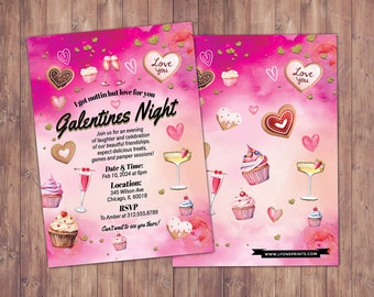 Galentine's Day Invite, Retro Invite, Galentines, Valentines Day, Game night, Game party, Valentine's, Valentine's Day, Wine, Rose'