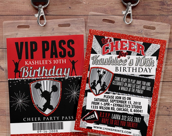 Cheerleading invitation, VIP PASS, Cheerleading, Cheerleading birthday, backstage pass, birthday invitation, glitter, pom pom, cheer