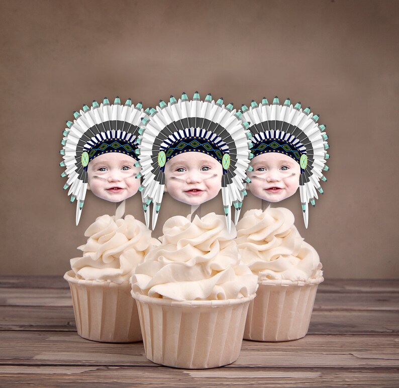 Photo Cupcake Toppers, Digital File, Indian, chief, western,, first birthday, Thanksgiving, pow wow, party, birthday, western image 5