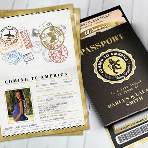 Passport and ticket baby shower invitation, Birthday invitation, Africa Passport, Coming to America, Zamunda, wedding, Digital files only