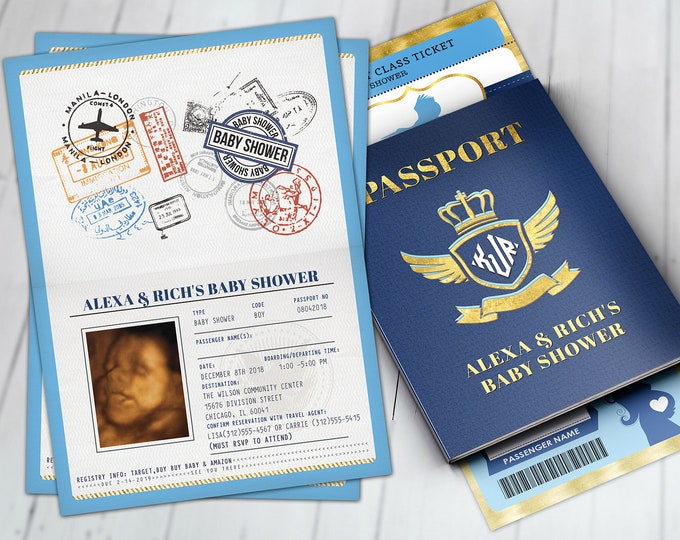 PASSPORT and TICKET baby shower invitation, vintage airplane, travel theme, Precious Cargo, time flies, airplane invite, Digital files only