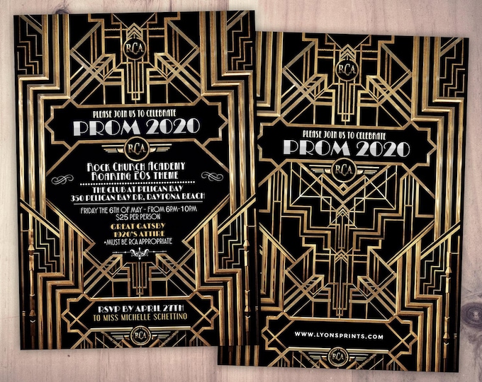 Great Gatsby prom invitation, Roaring 20's, Hollywood film theme party invite. Black and gold glam printable digital invite, glam,