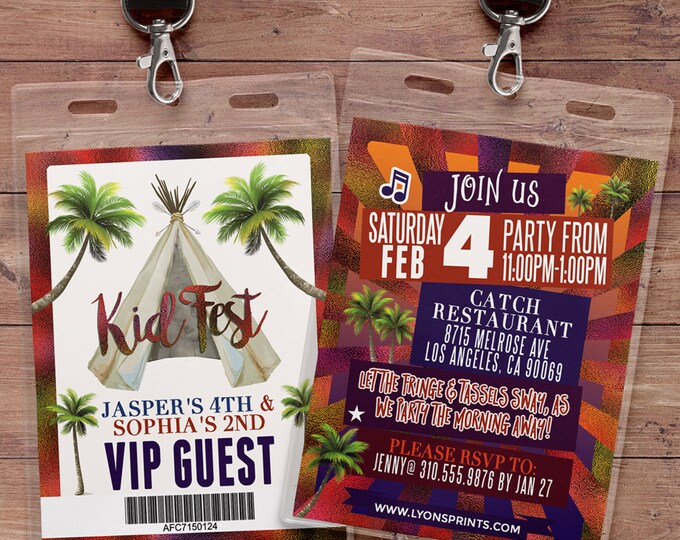 VIP pass, Teepee Birthday Invitation, ticket invitation, pow wow, BOHO, Tribal, first birthday, 1st birthday, Gold glitter, music festival