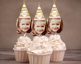 Digital File - Photo Cupcake Toppers (Birthday Hat Design)  Color Coordinated with your Party Scheme, birthday decor, milestone birthday